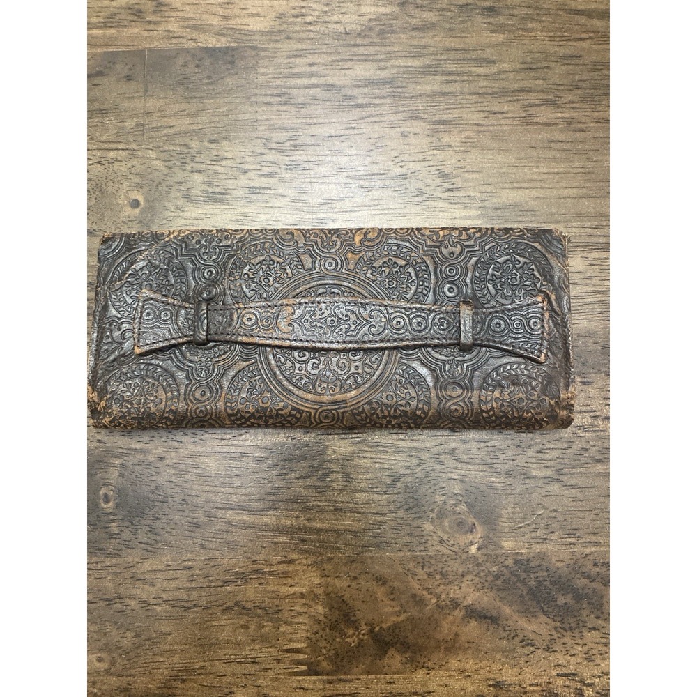 Vintage Hand Tooled Or embossed Leather Wallet Brass Frame Renaissance
